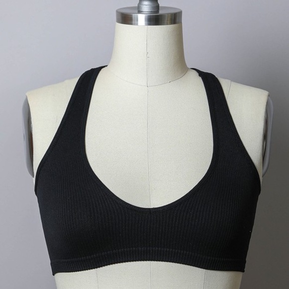 Black Solid Ribbed Racerback Stretchy Casual Low Cut Bralette - Picture 3 of 5